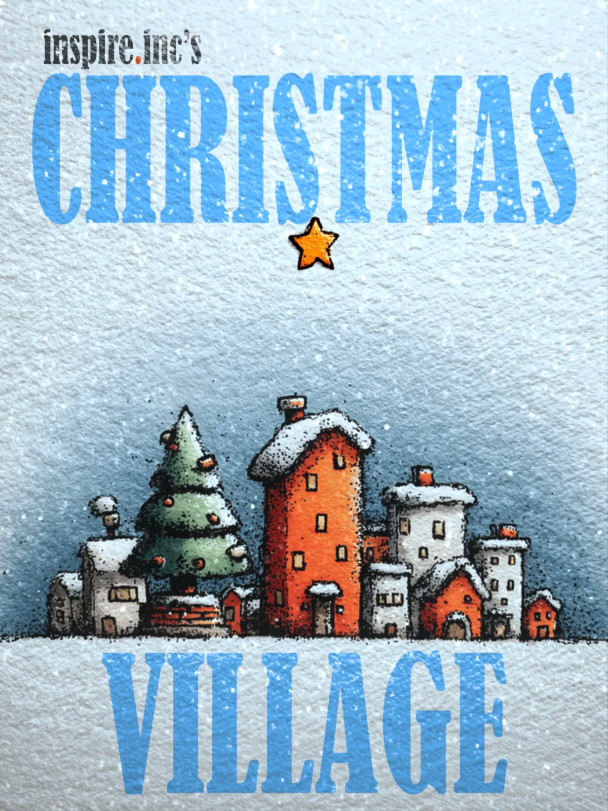 A cozy Christmas decorated town with a yellow star watching over it and snow falling for the Christmas Village collection by inspire.inc