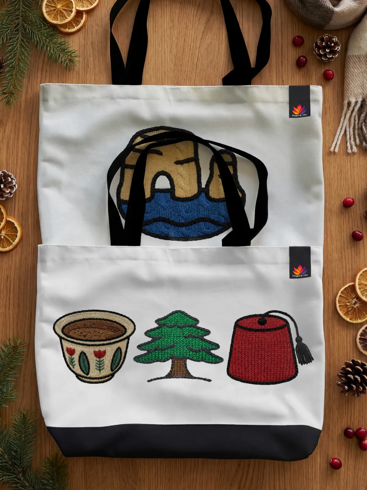 Two Neo Tote Bags with designs from the Lebanon Minis Embro-llusion collection by inspire.inc