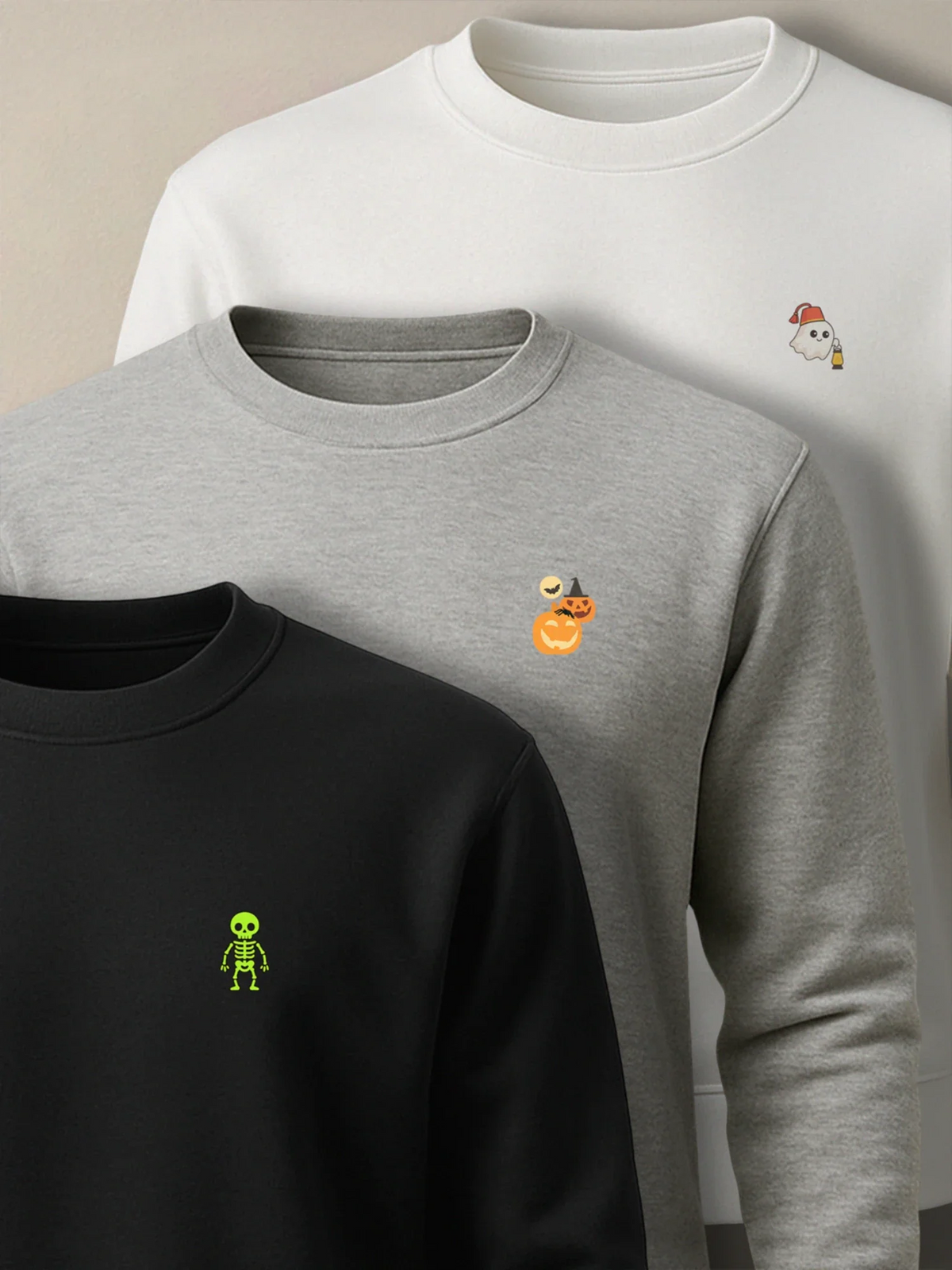 White, gray and black sweatshirts with Mini designs for the Halloween Minis collection by inspire.inc