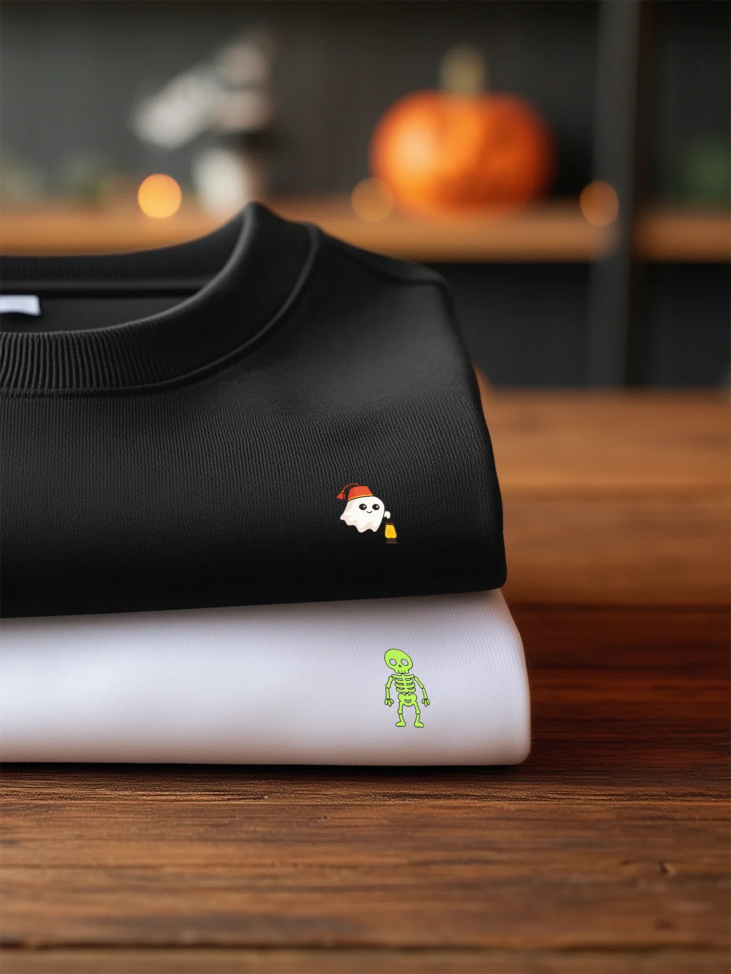 Stack of 1 black and 1 white sweatshirt with Mini designs for the Halloween Minis collection by inspire.inc