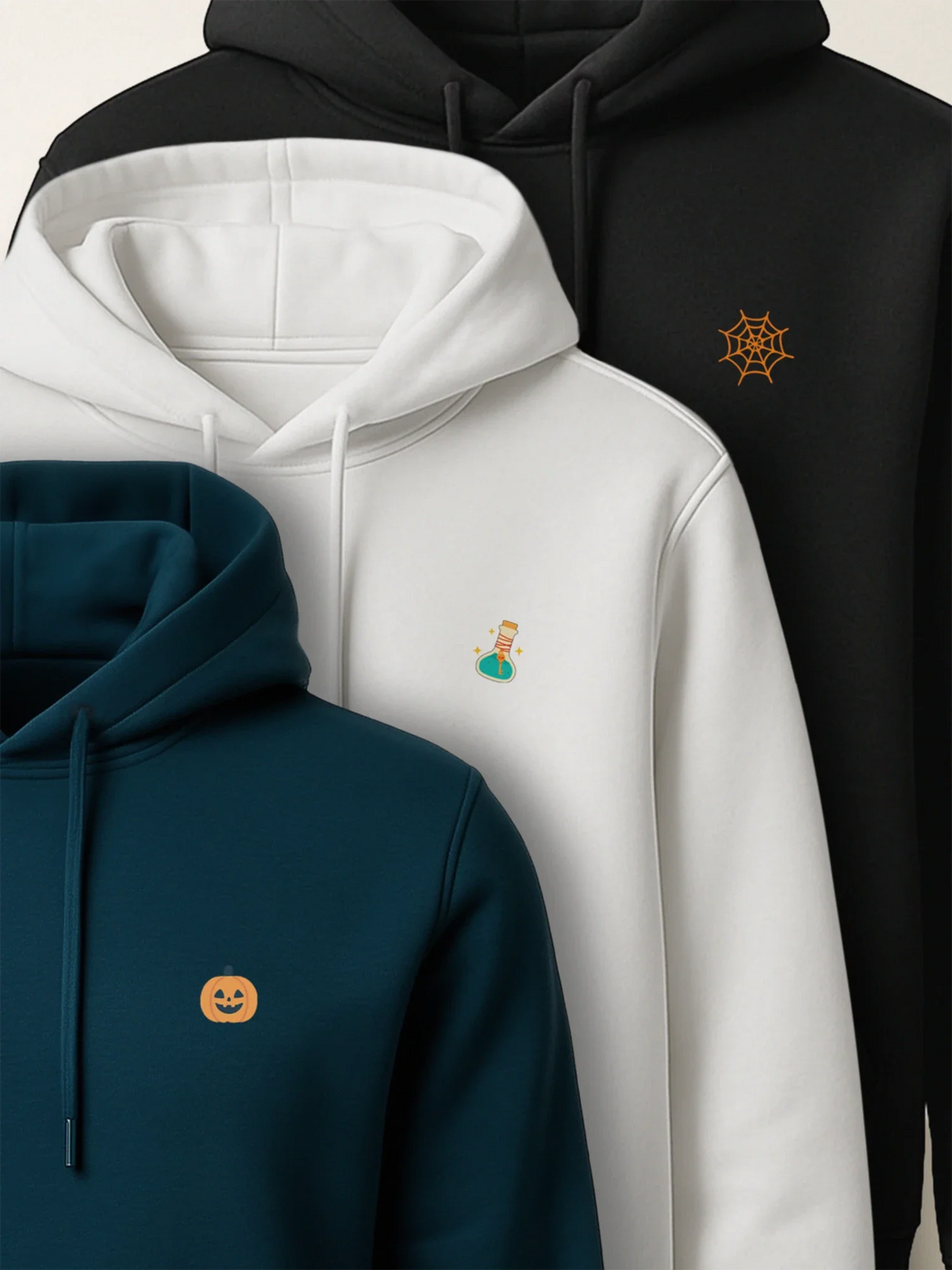 Black, white and blue hoodies with Mini designs for the Halloween Minis collection by inspire.inc