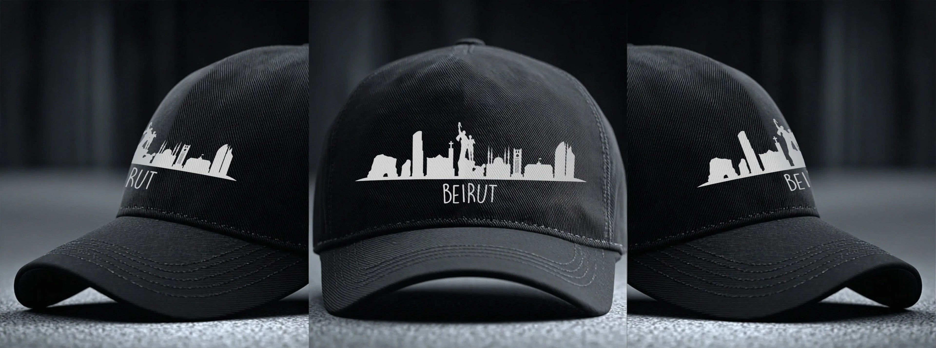 Black cap viewed from multiple angles with the Beirut Skyline design by inspire.inc