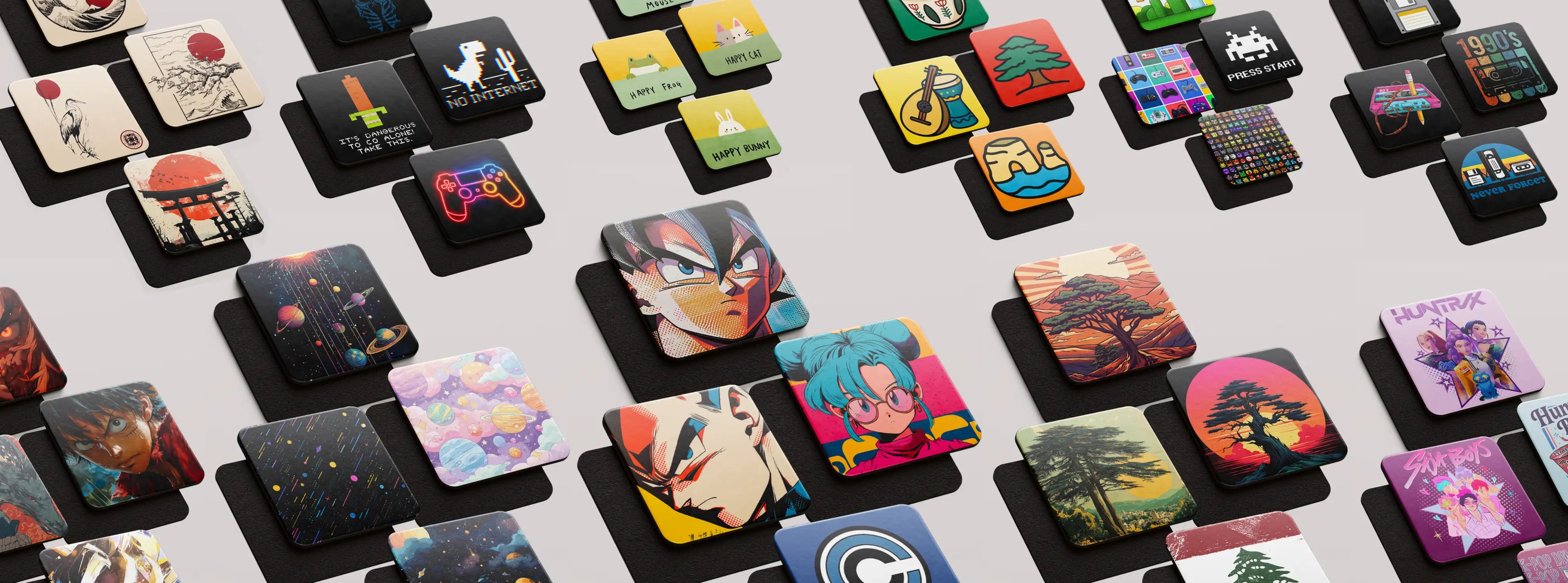 A multitude of coasters with varied designs related to anime, Japan and Lebanon culture or gaming by inspire.inc