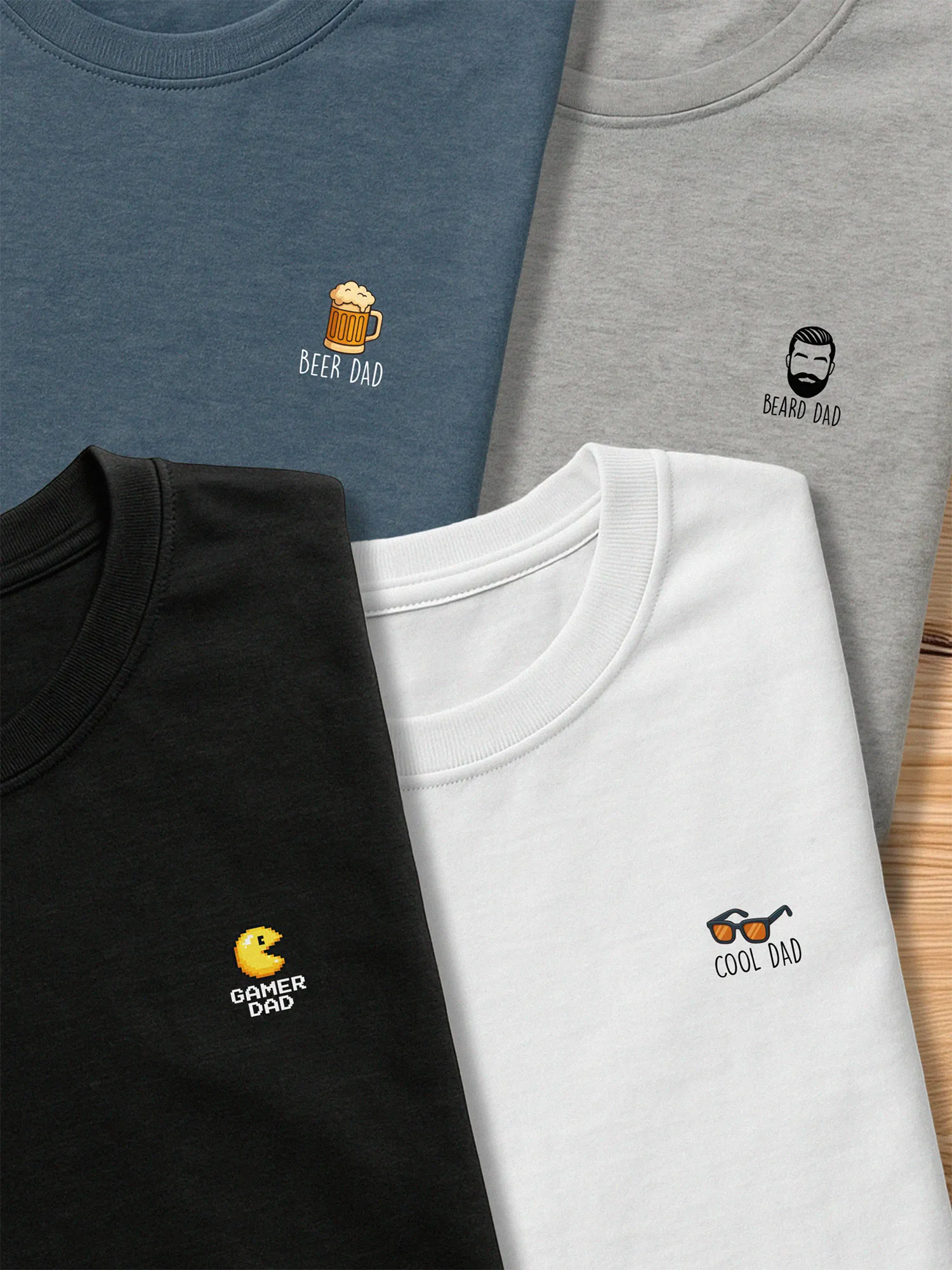 Blue, gray, black and white t-shirts with Mini designs for the Dad Minis collection by inspire.inc