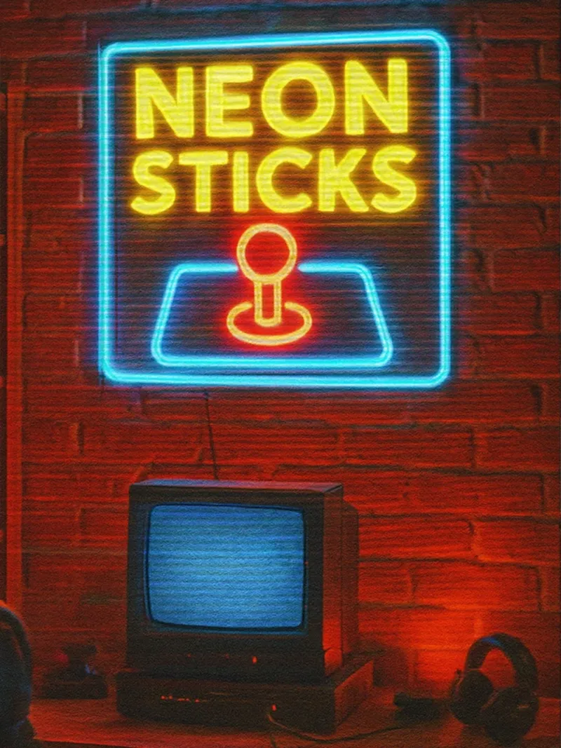Neon sign over a retro setup for the Neon Sticks collection by inspire.inc