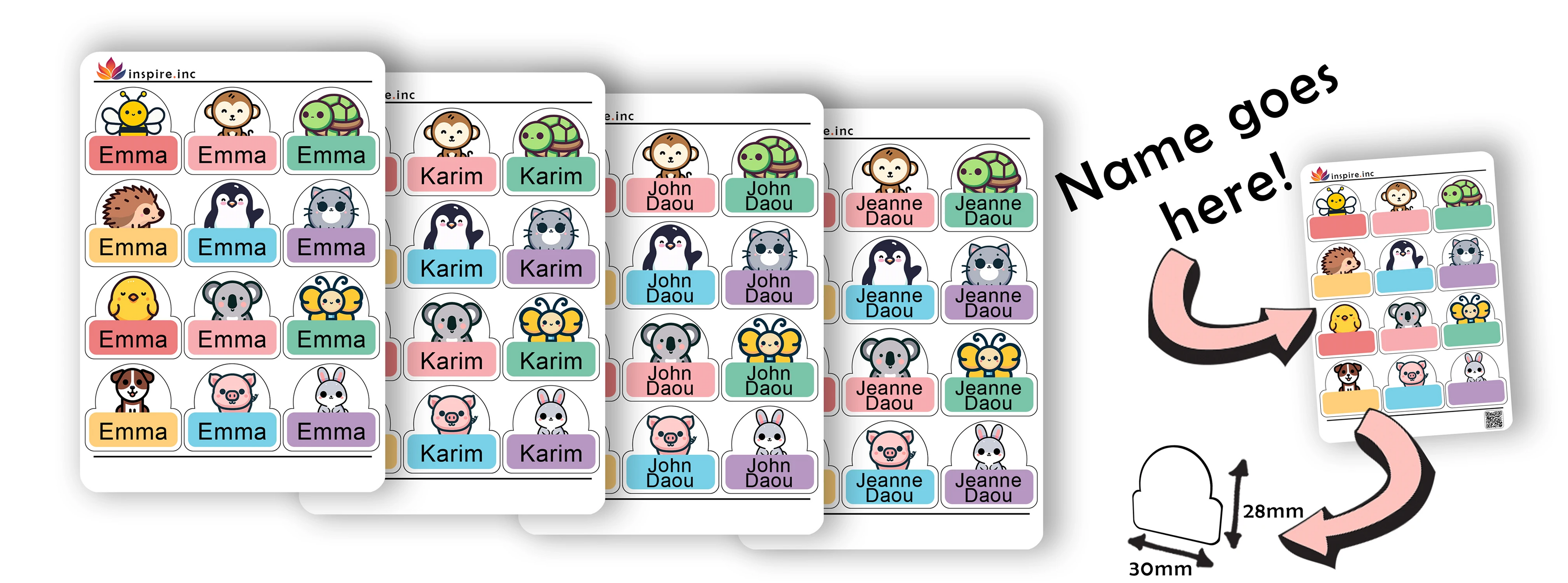 Set of name labels with cute cartoon characters and customizable text by inspire.inc