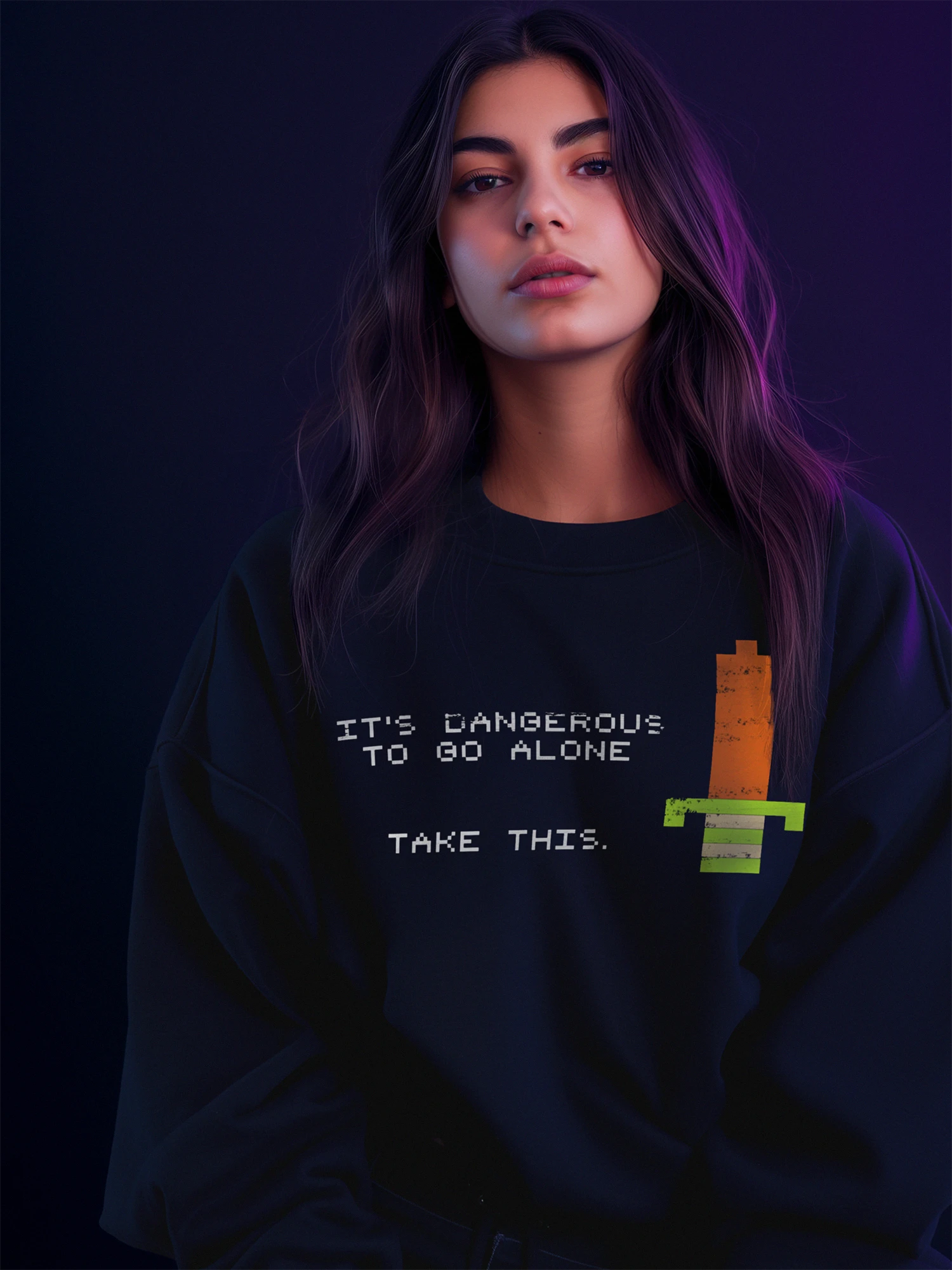 A young woman wearing a black oversized sweatshirt with a Zelda design on it for the Nerd Zone collection by inspire.inc