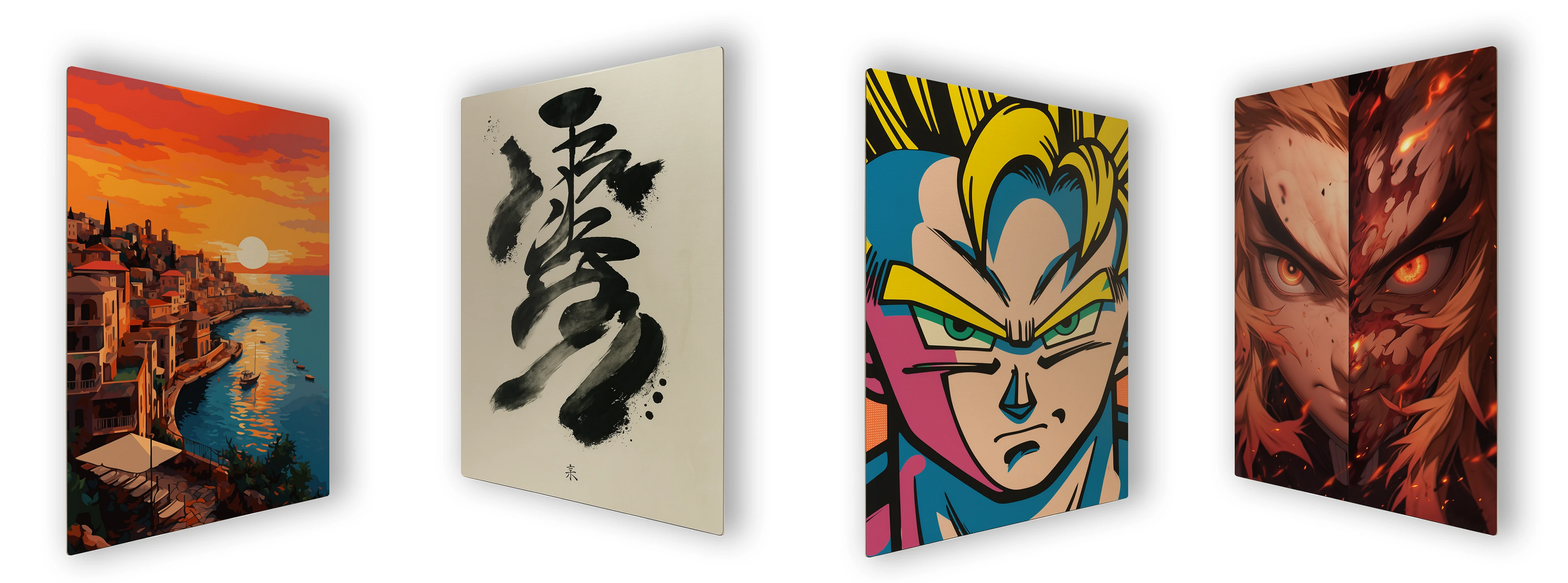 Wall art metal posters of Batroun port of Lebanon, a Japanese Kanji, Goku from Dragon Ball Z and Rengoku from Demon Slayer by inspire.inc