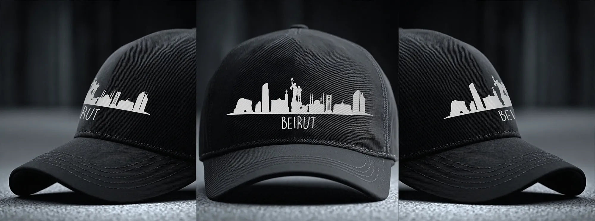Three black baseball caps with the Beirut Skyline design by inspire.inc
