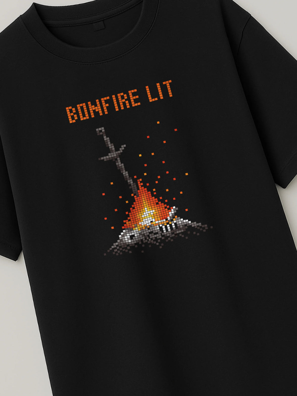 Dark Souls - Bonfire Lit - Regular/Oversized T-shirt Black close-up by inspire.inc