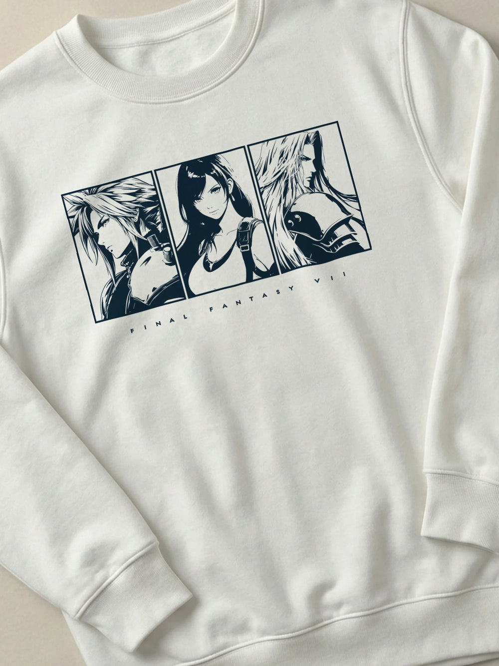 Final Fantasy VII Fated Trio - Regular/Oversized Sweatshirt White close-up by inspire.inc