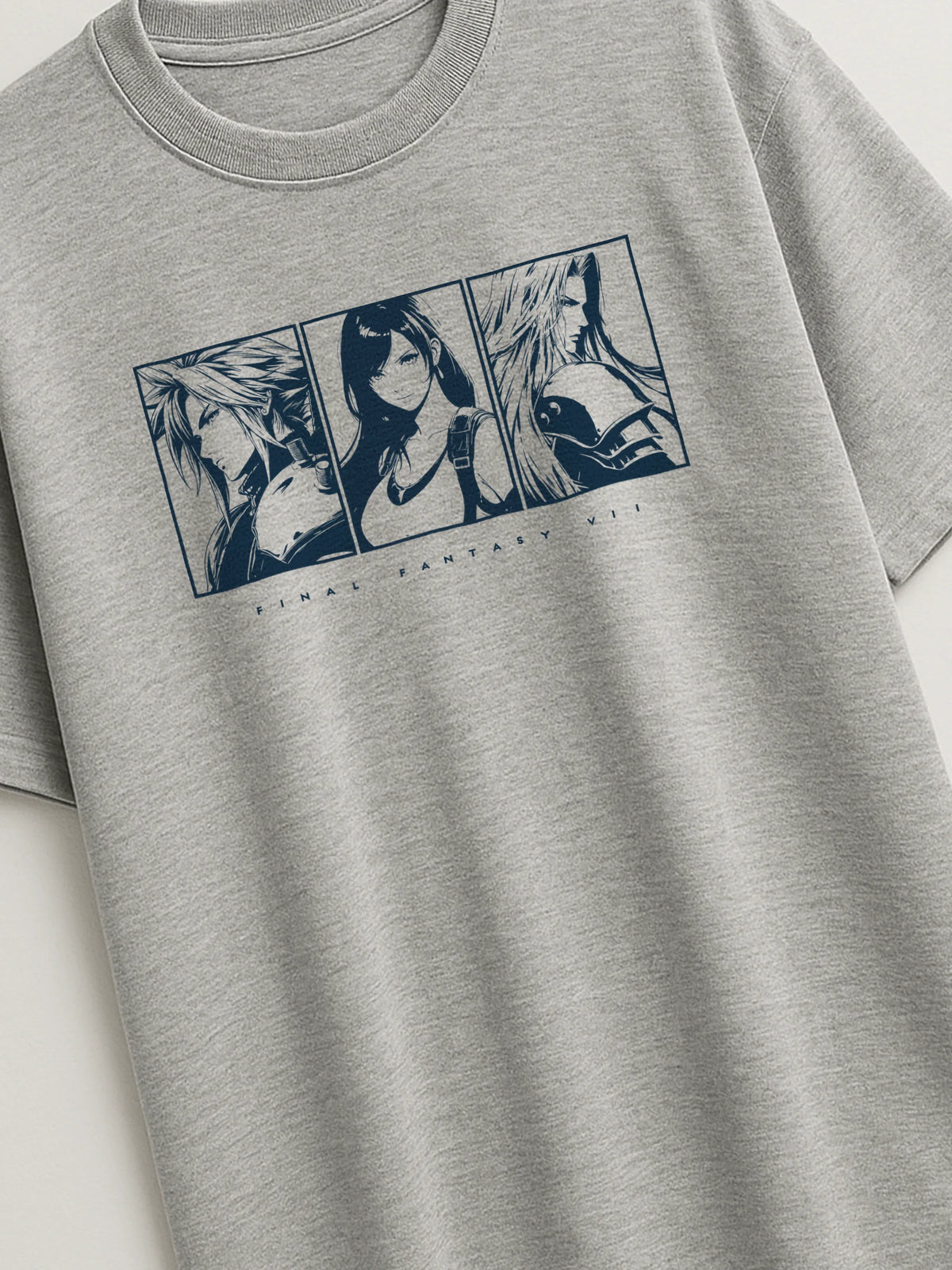 Final Fantasy VII Fated Trio - Regular/Oversized T-shirt Light Heather Gray close-up by inspire.inc