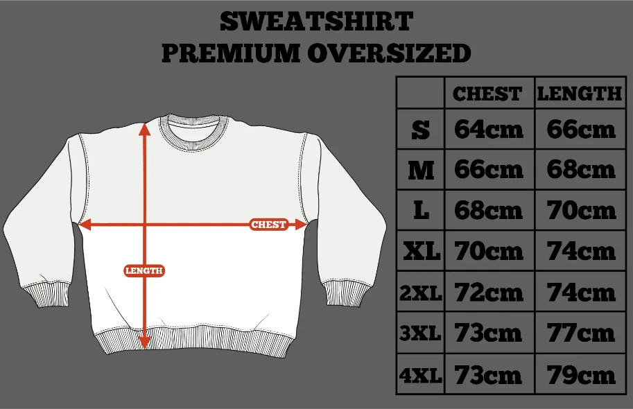 Measurement chart for a premium oversized sweatshirt with chest and length dimensions by inspire.inc