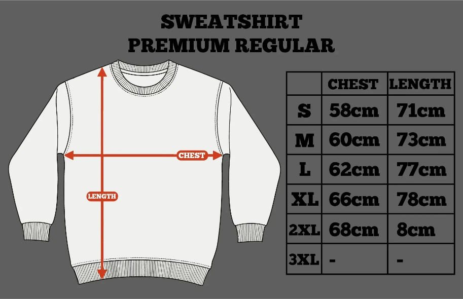 Measurement chart for a white sweatshirt with size chart on a gray background by inspire.inc