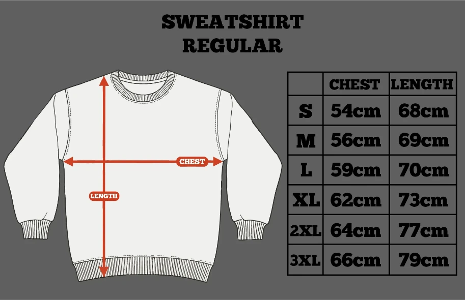 Measurement chart for sweatshirt sizes with a white sweatshirt illustration on a gray background by inspire.inc