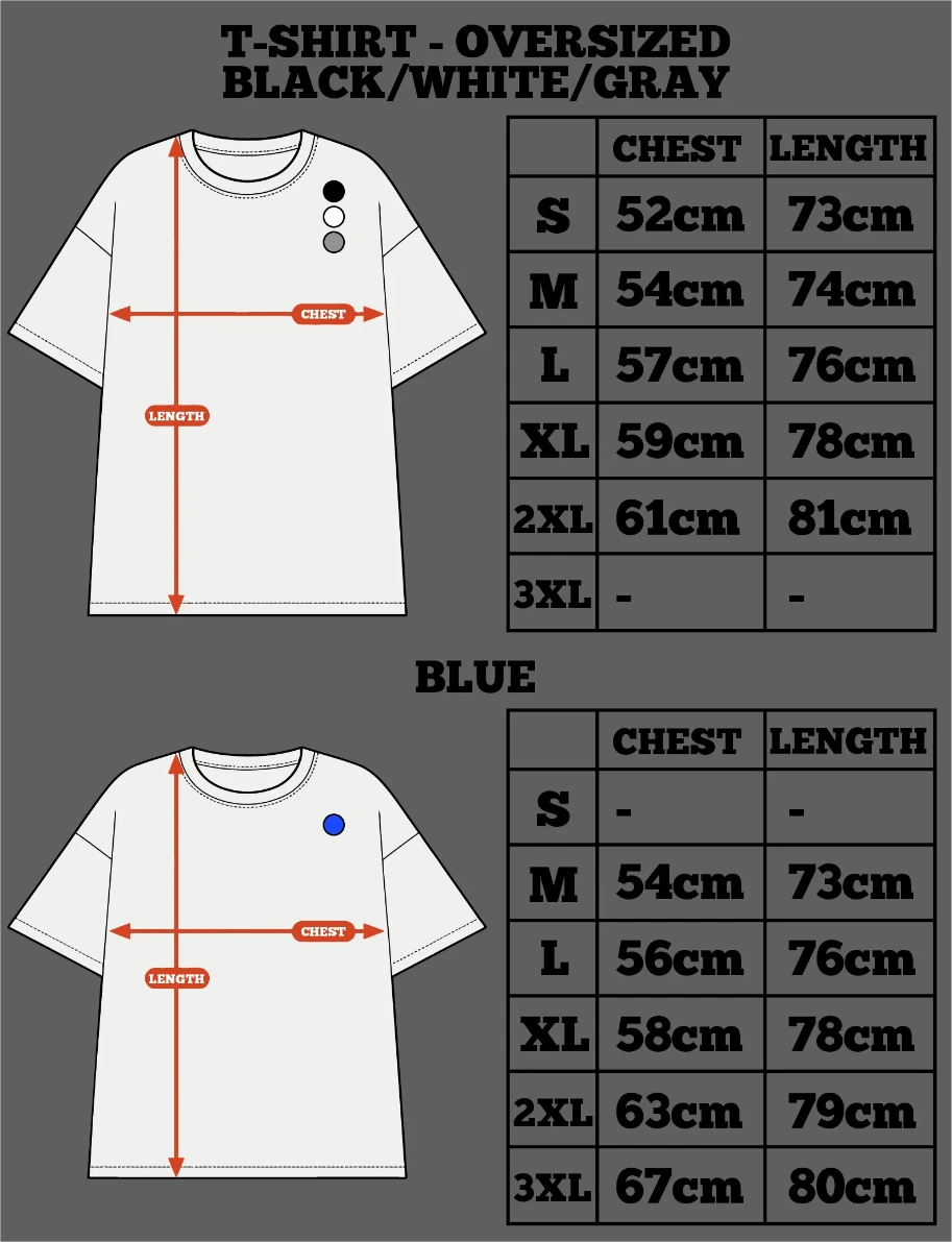 Measurement chart for oversized t-shirts in black, white, and gray with size dimensions by inspire.inc