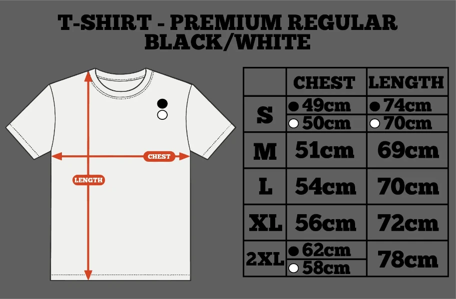 T-shirt size chart with measurements on a gray background by inspire.inc