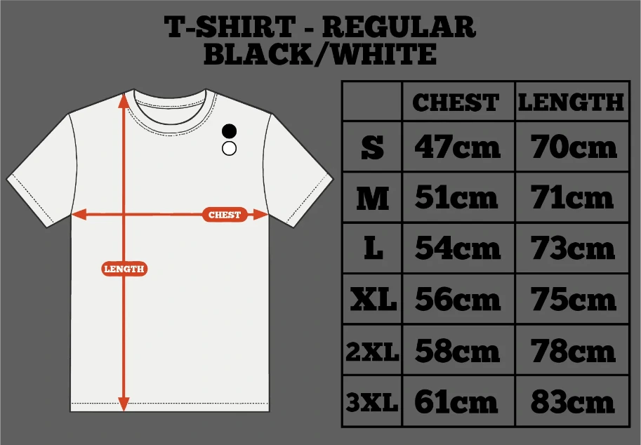 T-shirt size chart with measurements on a gray background by inspire.inc