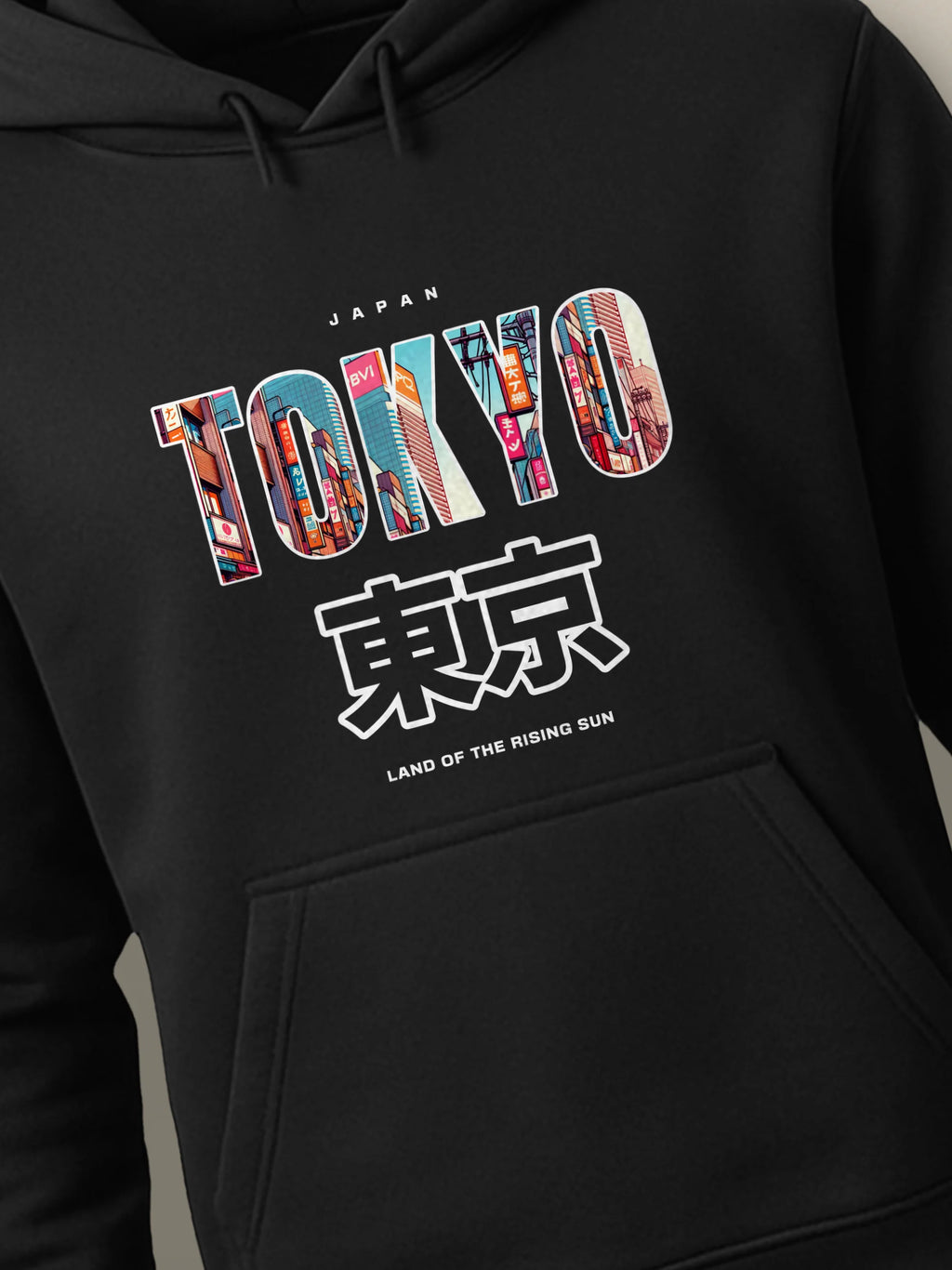 Tokyo Cityscape - Hoodie Black close-up by inspire.inc