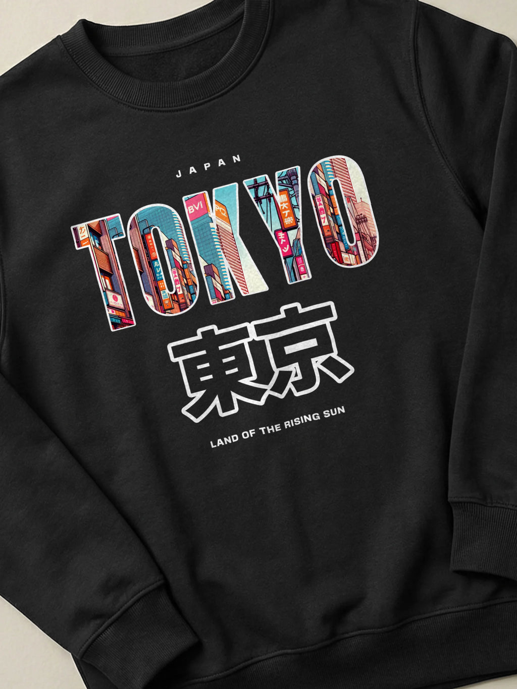 Tokyo Cityscape - Regular/Oversized Sweatshirt Black close-up by inspire.inc
