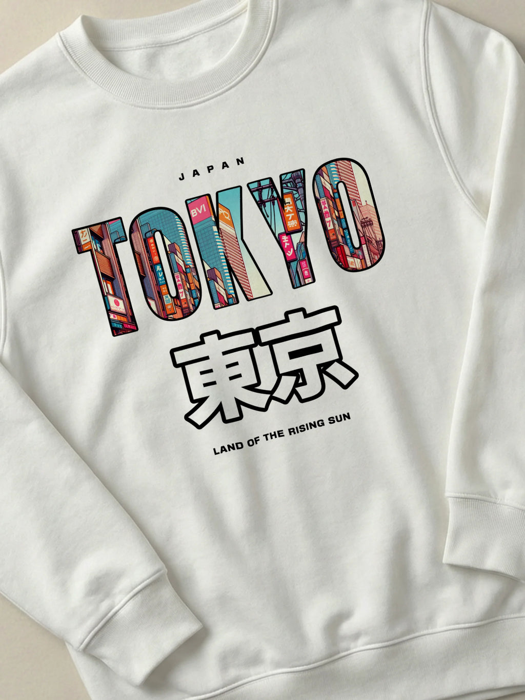 Tokyo Cityscape - Regular/Oversized Sweatshirt White close-up by inspire.inc