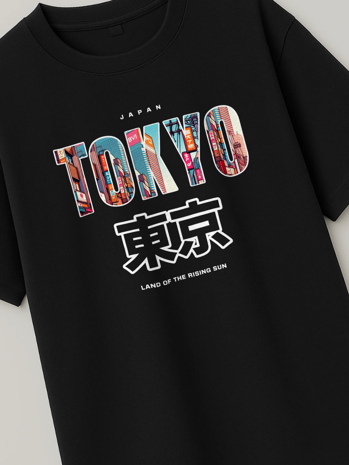 Tokyo Cityscape - Regular/Oversized T-shirt Black close-up by inspire.inc