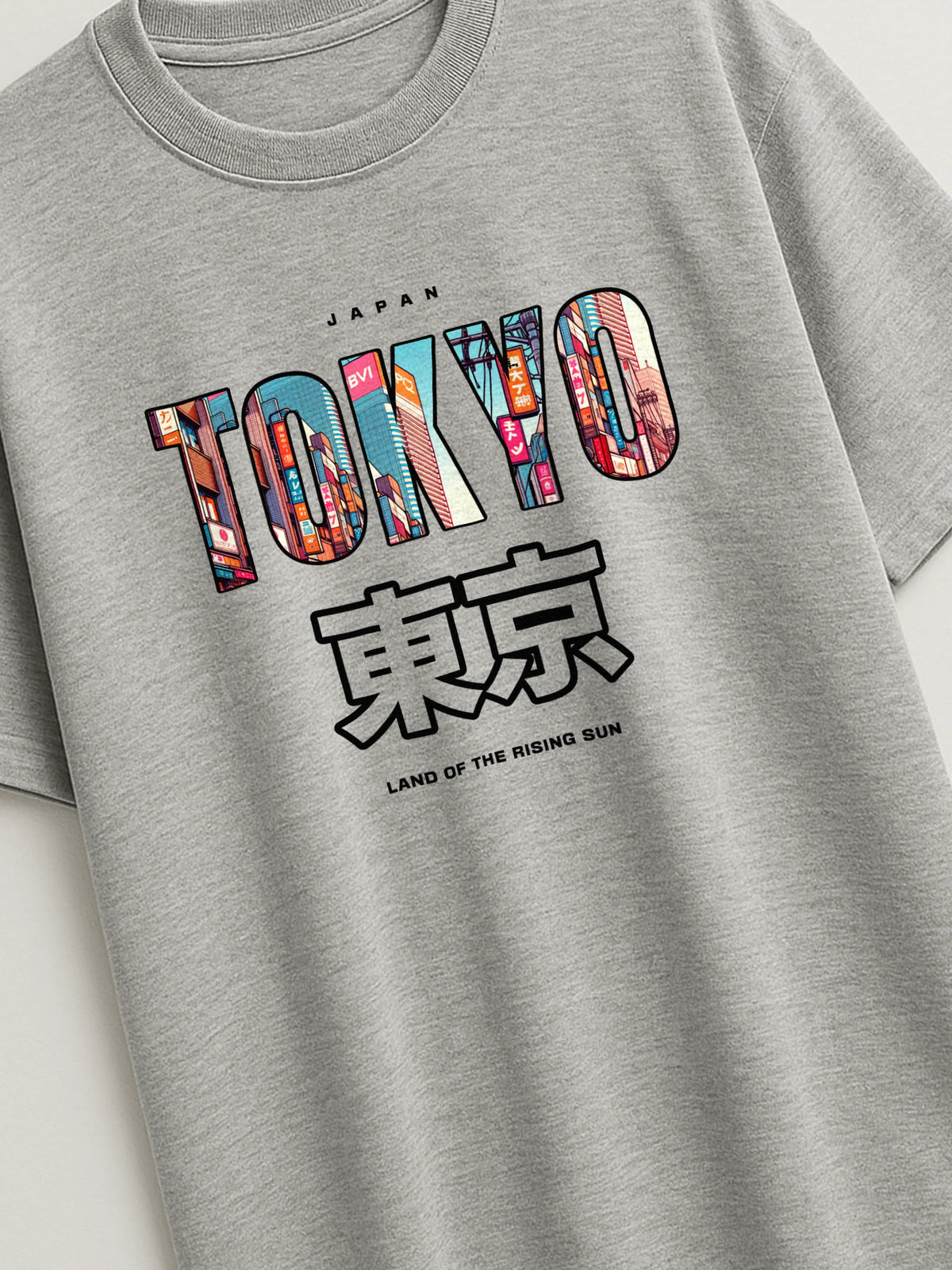 Tokyo Cityscape - Regular/Oversized T-shirt Light Heather Gray close-up by inspire.inc
